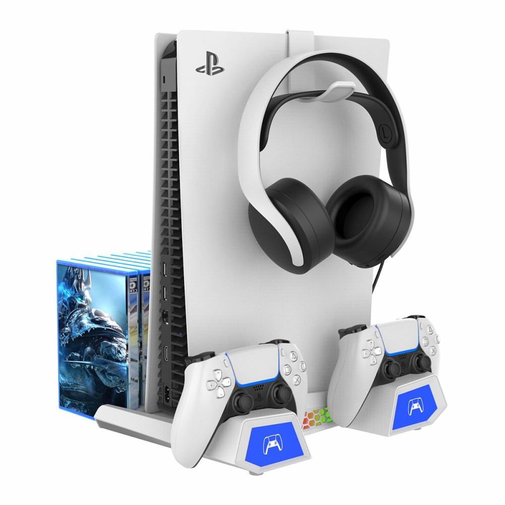 Sony PlayStation PS5 Halterung mit aktivem Lüfter und Controller Dual Ladestation   USB A / Disk Ständer / Headset Halterung - Weiss