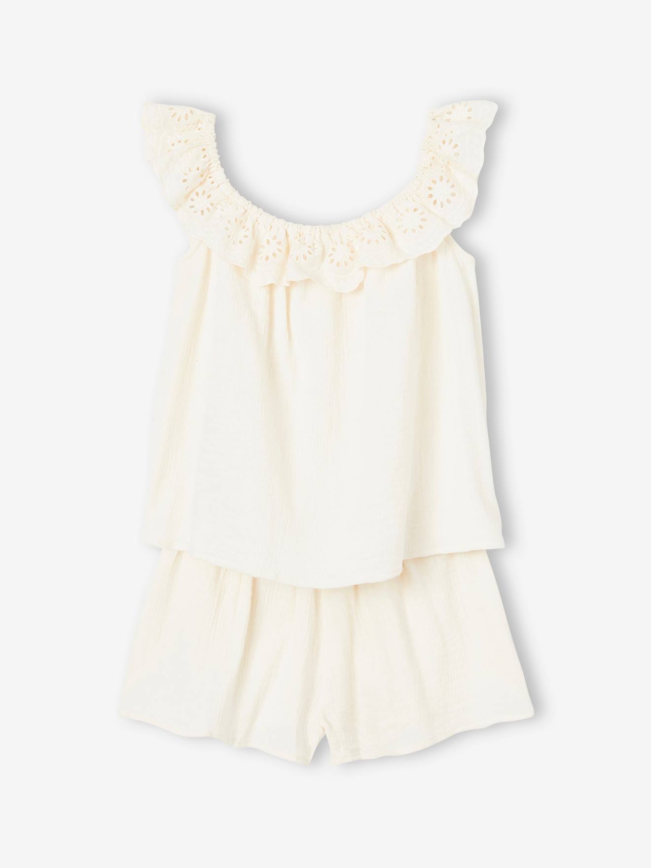 Conjunto de chiffon de algodão para meninas: blusa regata com babados e shorts bege.