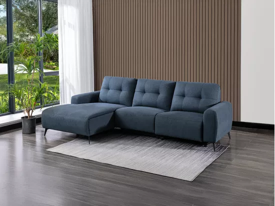 Canapé d'angle gauche relax électrique en tissu chiné bleu NERUDA