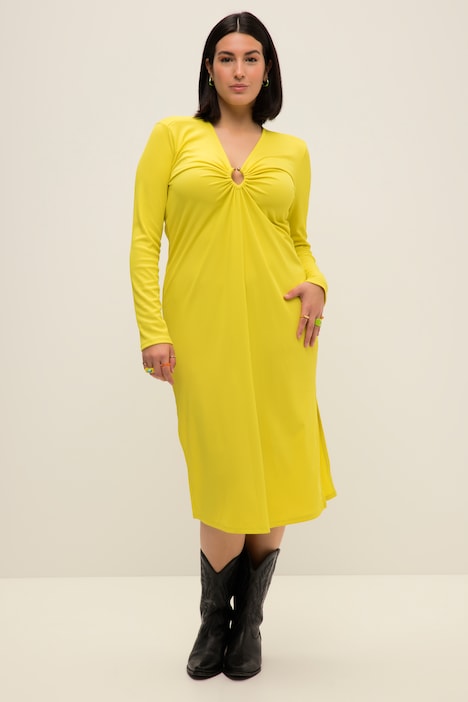 Midikleid, A-Line, Ripp-Jersey, V-Ausschnitt, Zierring, Langarm