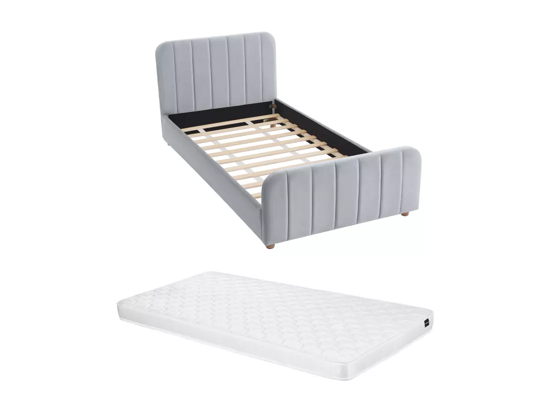Lit 90 x 190 cm - Velours avec coutures verticales - Gris + Matelas - ROGADI