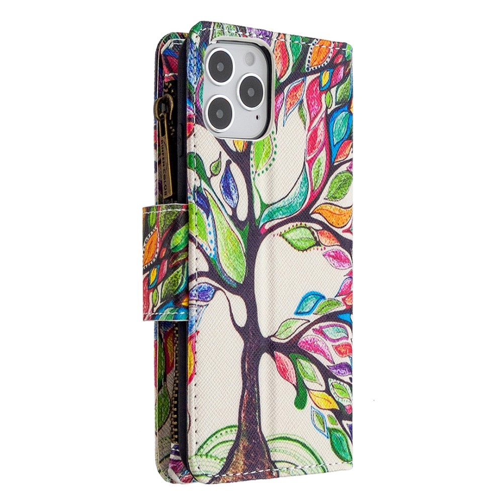 iPhone 12 / iPhone 12 Pro Leder Wallet Etui Tasche mit 9 Kartenfächern   Münzfach - Blühender Baum