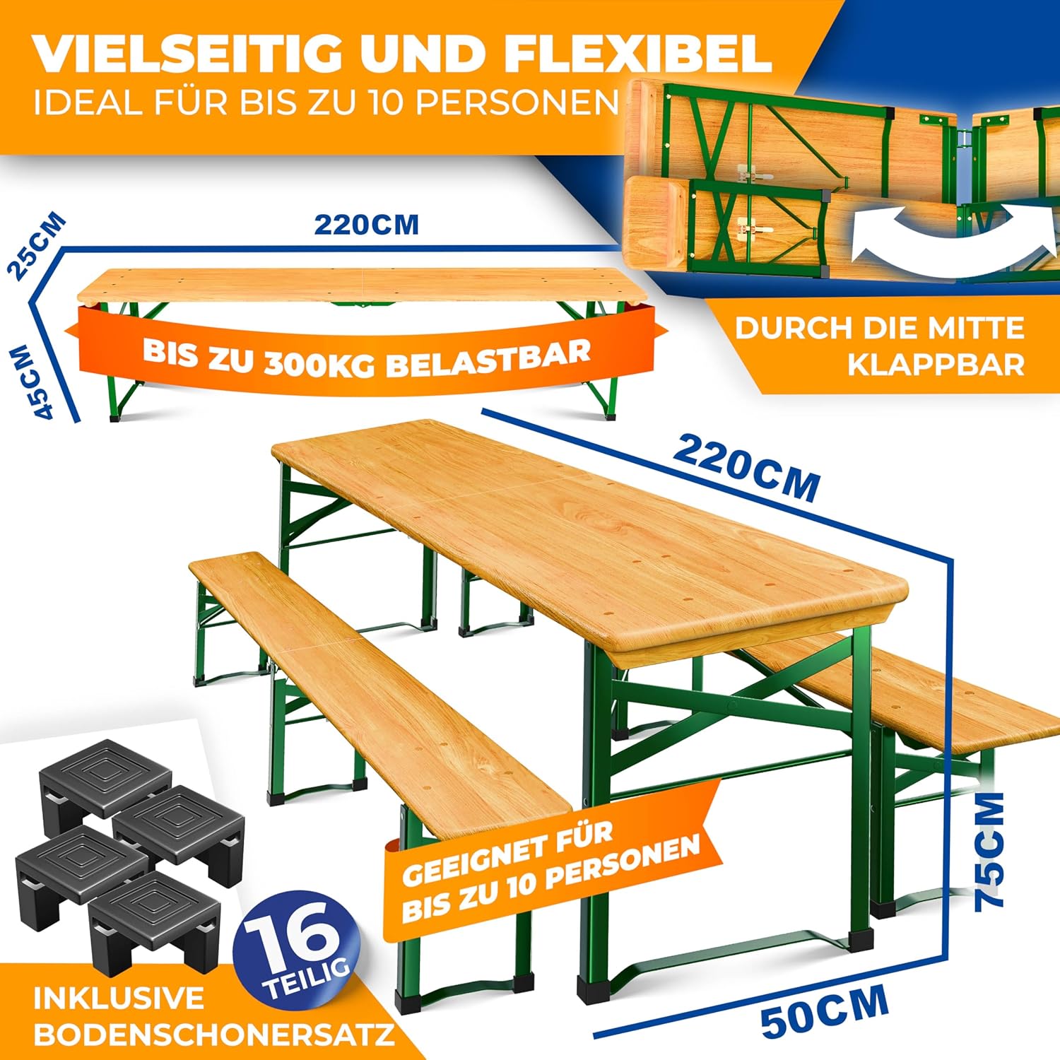KESSER® Bierzeltgarnitur 3 teilig Gartenmöbel-Set | Klappbar 220 x 50 x 77cm | 2X Bierbänke 1x Biertisch | Festzeltgarnitur Biertisch Stehtisch Sitzgarnitur Holz 16-teiliges Bodenschoner-Set