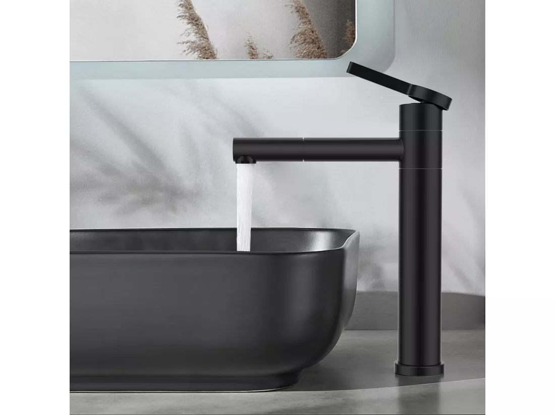 Noir Robinet Salle de Bain Mitigeur pour Vasque Haut Bec Pivotant 360° Robinetterie de Lavabo en Acier Inox Design Moderne