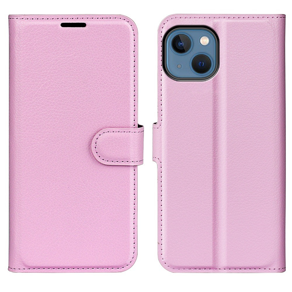iPhone 14 Leder Tasche Flip Cover Litchi Look - Rosa