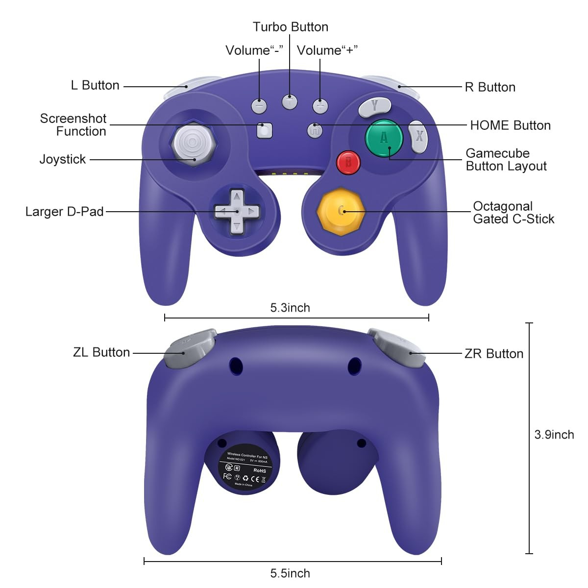 Wireless Shock Game Controller in Retro Gamecube Design kompatibel mit Nintendo Switch / Switch 2 / Lite / OLED - Violett