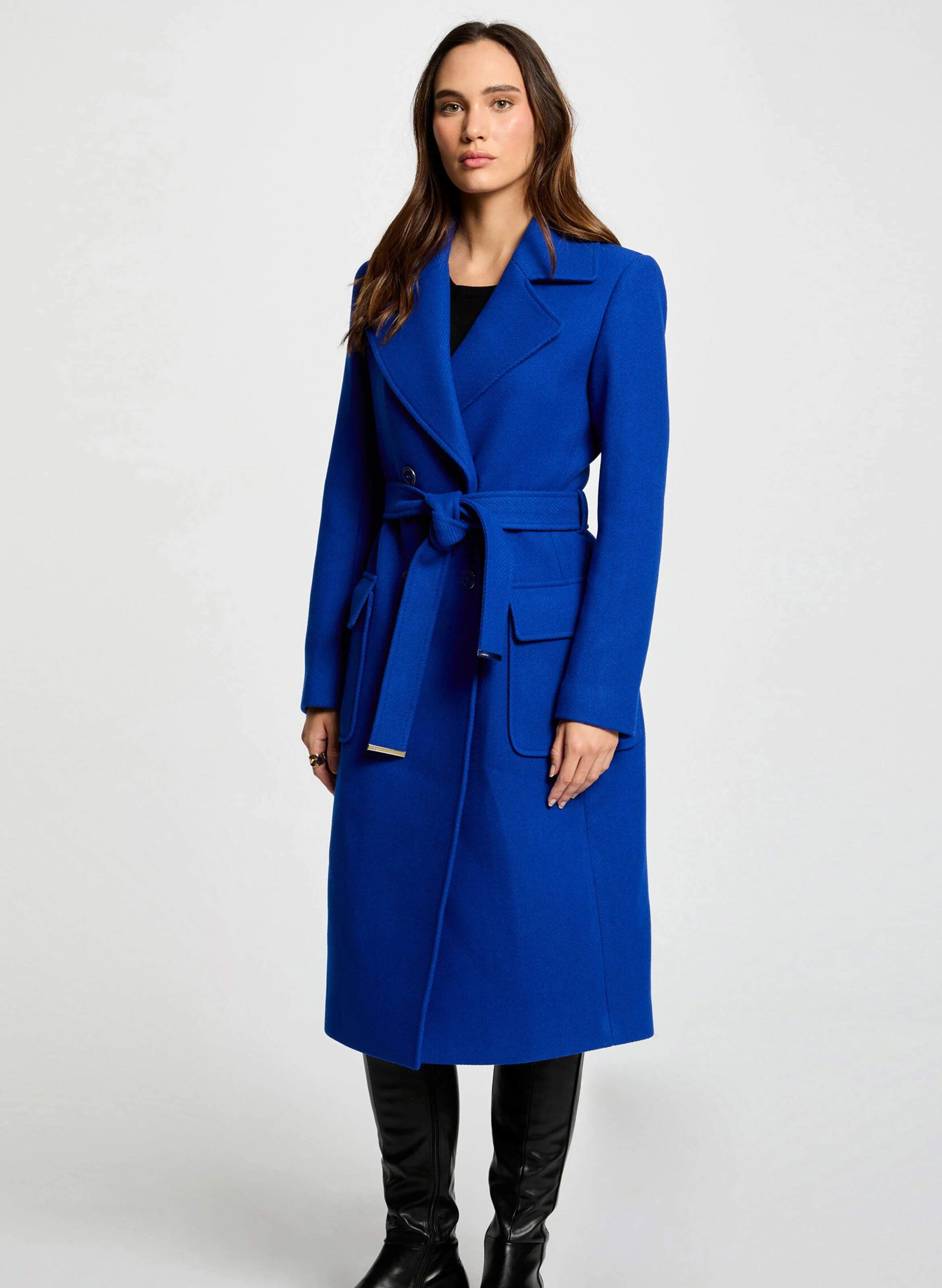 GRAZAY - Manteau long col tailleur ceinturé| Bleu