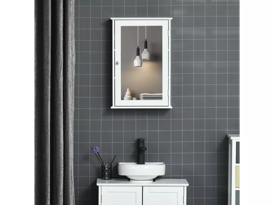 Armoire murale de salle de bain avec miroir - armoire à glace - placard de rangement toilettes - 1 porte, 2 étagères - verre MDF blanc