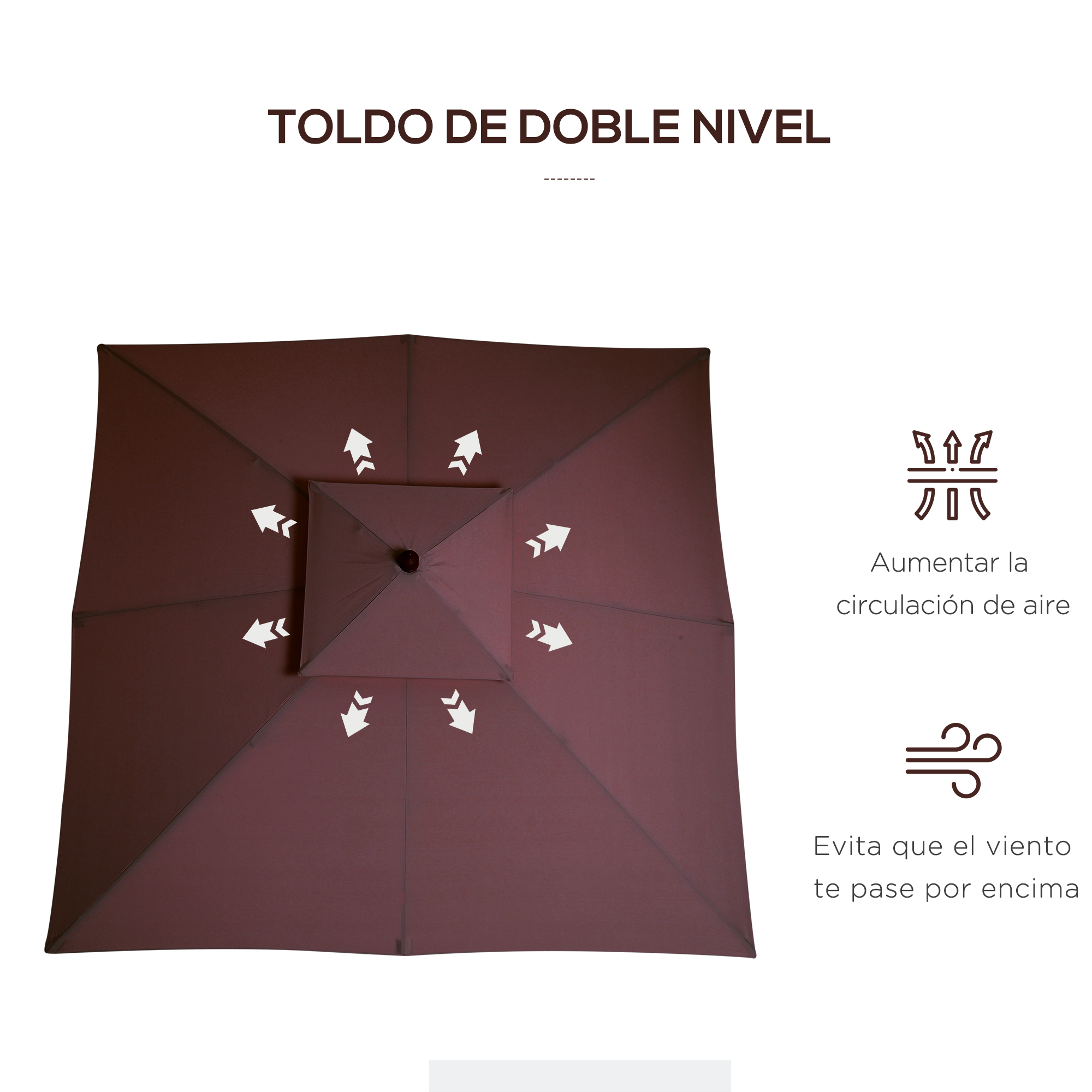 Guarda-sol de bambu Outsunny 3x3x3 m com cobertura dupla, sistema de polias à prova d'água para terraço e varanda, marrom