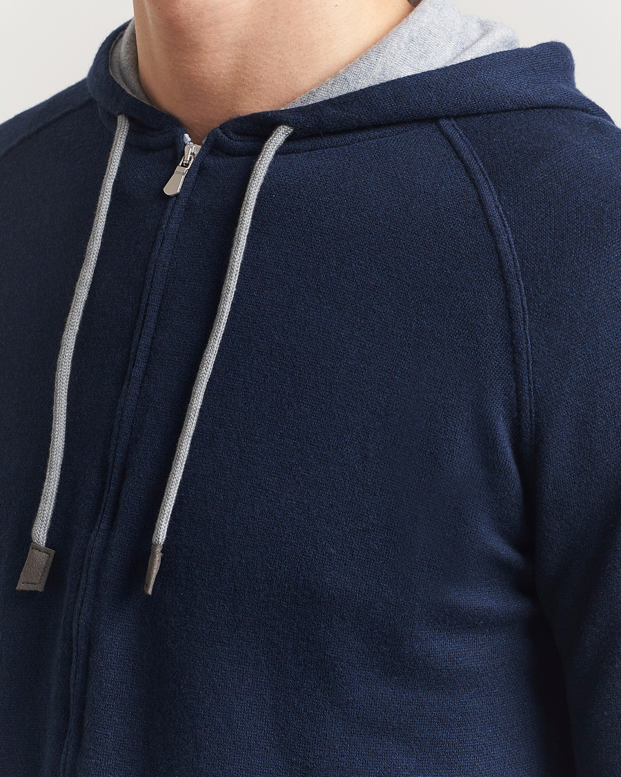 Gran Sasso Cotton/Cashmere Knitted Hooded Full Zip Navy