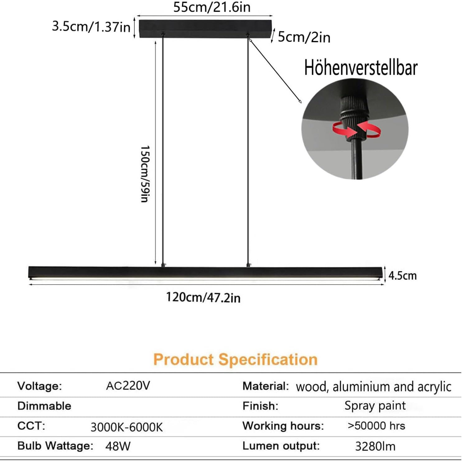 SENFAY 120cm LED Hängelampe esstisch Dimmbar, Pendelleuchte Schwarz mit Fernbedienung, 48W Moderne Linear design Hängeleuchte, Esstischlampe hängend Höhenverstellbar für Esszimmer Küche büro
