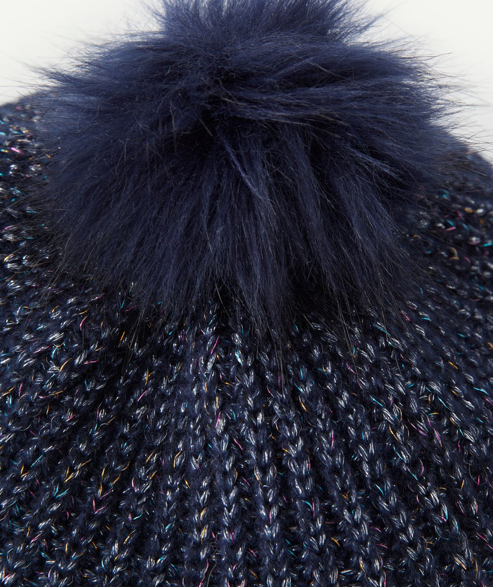 BÉRET TRICOT FILLE EN FIBRES RECYCLÉES BLEU MARINE ET PAILLETÉ AVEC POMPON