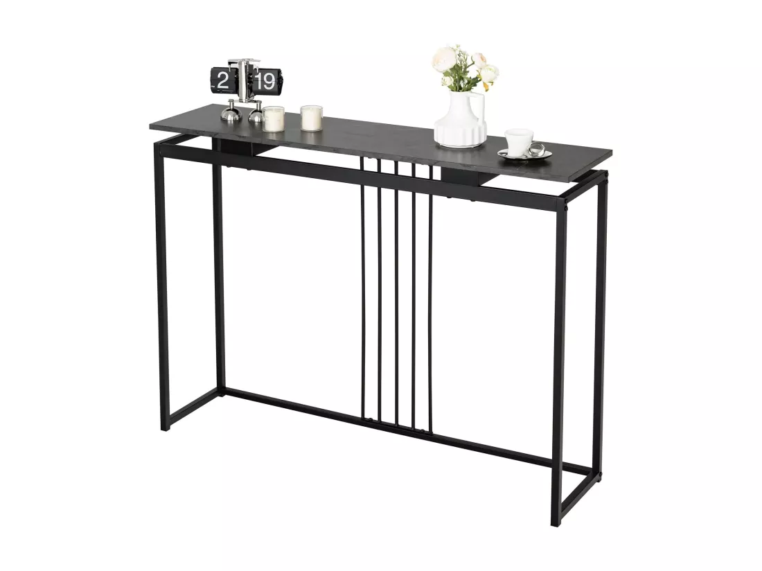 Table Console en Faux Marbre, Meuble Console Entrée avec Cadre en Acier Enduit de Poudre, Table d'Entrée avec Kit Anti-basculement pour Salon, Couloir, 120x30x90cm (Noir）