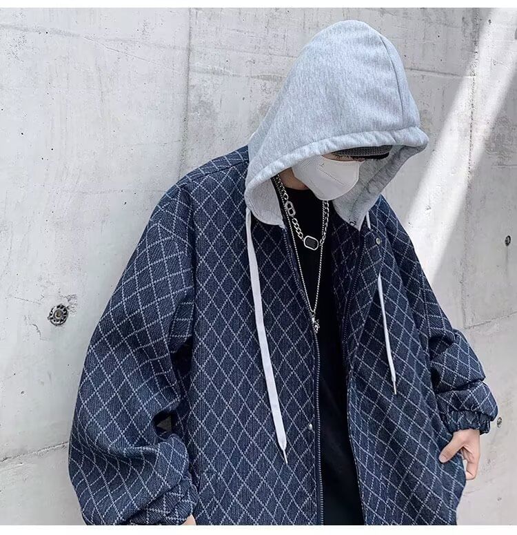 Zoslane - Tweedelig denim jack met capuchon en rits en ruitmotief