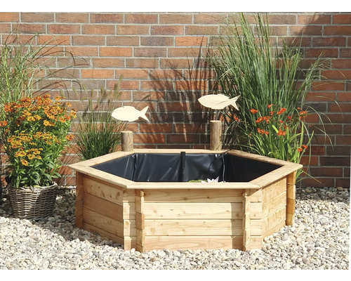 verhoogde vijver promadino minivijver 6-zijdige verhoogde vijver, natuur, lariks met vijverfolie 145 x 128 x 41 cm