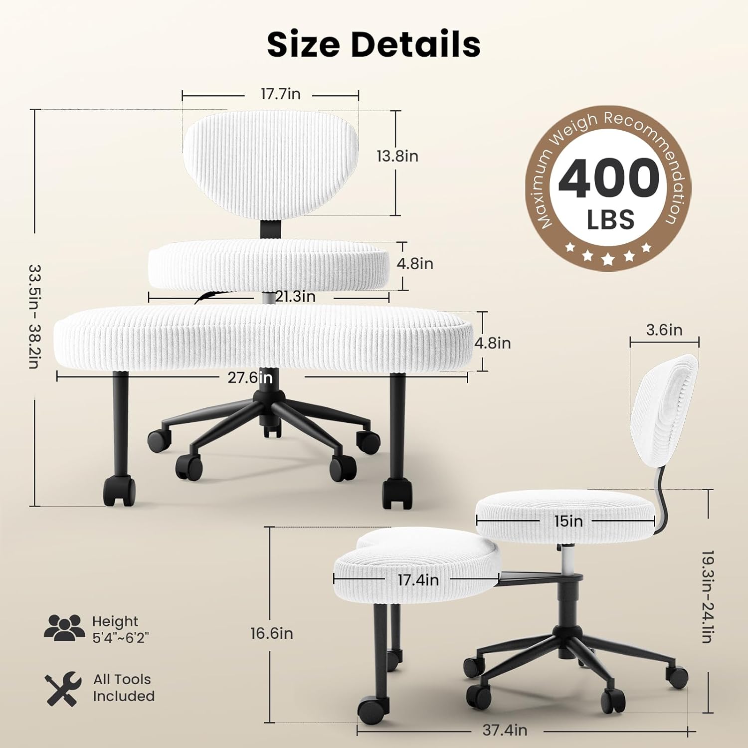 Bürostuhl mit Kreuzbeinen, 360° drehbar, ergonomischer Kniestuhl, Criss Cross Schreibtischstuhl mit Verstellbarer Höhe, ADHS-Meditationsstuhl mit Rückenstütze, Cordstoff, Weiß