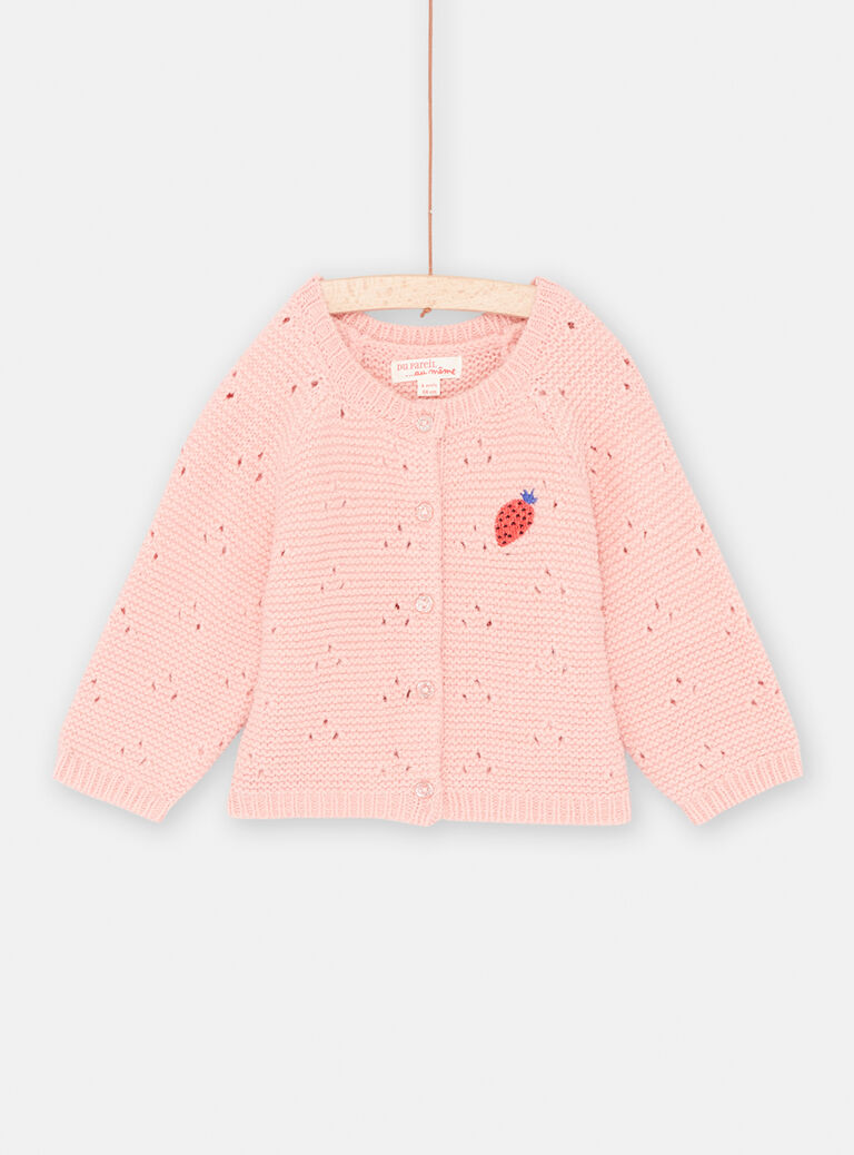 Cardigan rose thé en tricot point fantaisie bébé fille