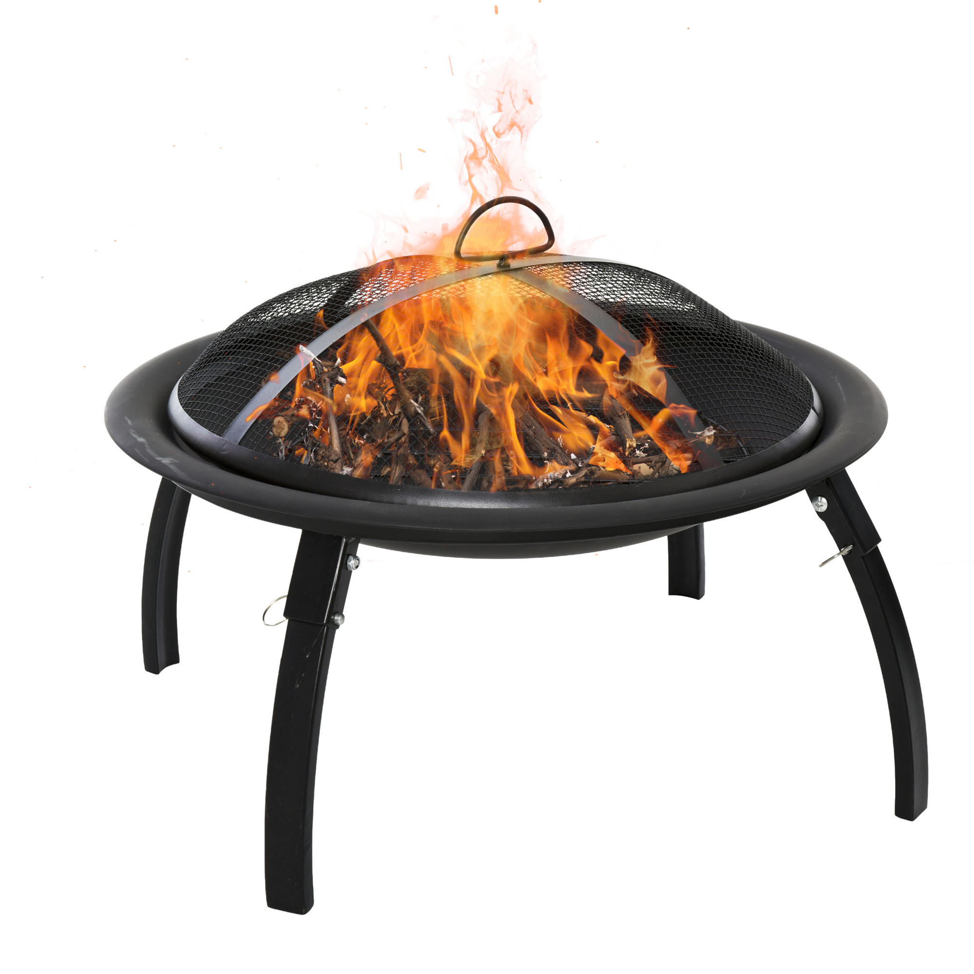 Lareira externa portátil Outsunny Ø55 cm para aquecimento, churrasco, terraço, pátio, camping e jardim, com capa de malha e atiçador. Cor preta.