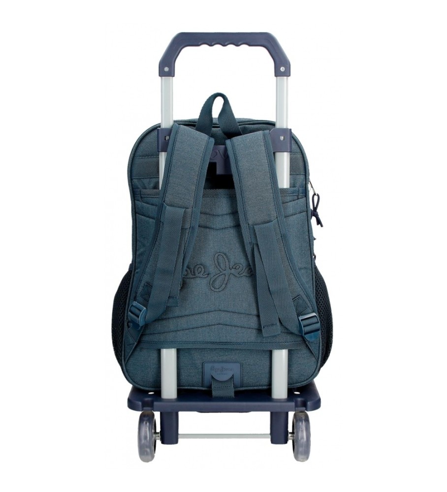 Mochila Pepe Jeans Kay 40cm, dois compartimentos com rodinhas, azul escuro