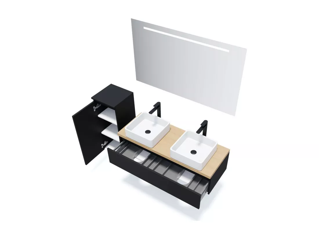 Meuble de salle de bain suspendu 2 vasques à poser 120cm 1 tiroir Noir - Hudson