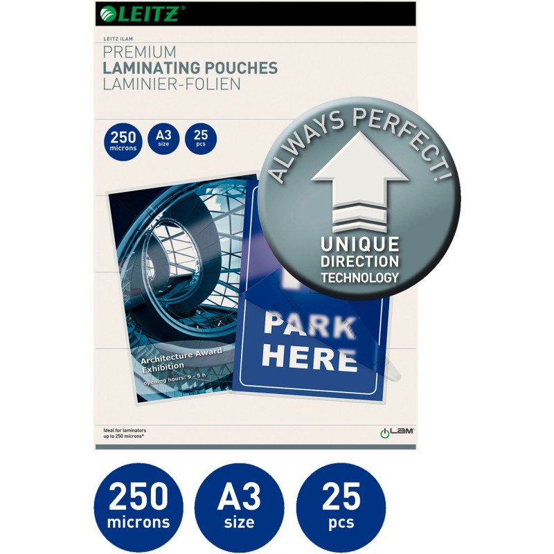 Pochettes de plastification Leitz I-Lam A3 2 x 250 µ brillantes - Boite de 25