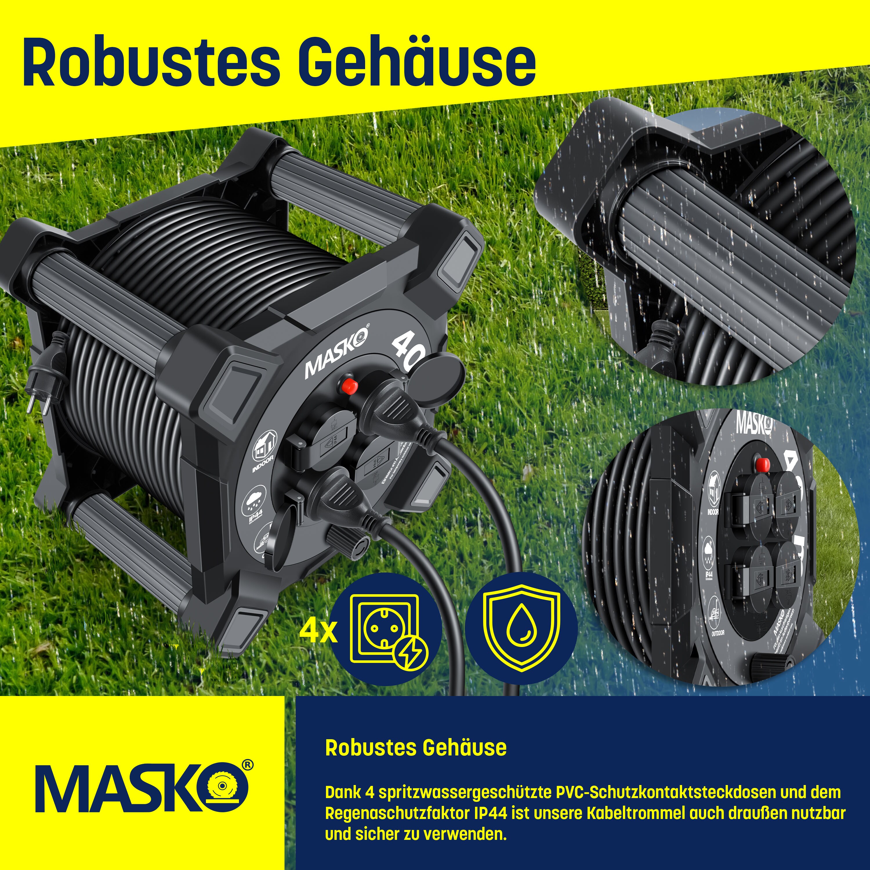 MASKO® Kabeltrommel Verlängerungskabel mit Schutzkontaktsteckdosen & Wickelgriff | Outdoor Kabelaufroller Thermoschutz | Gerätetrommel IP44 1000W ~ 3000W | inkl. Tragegriff und Montagehandschuhe