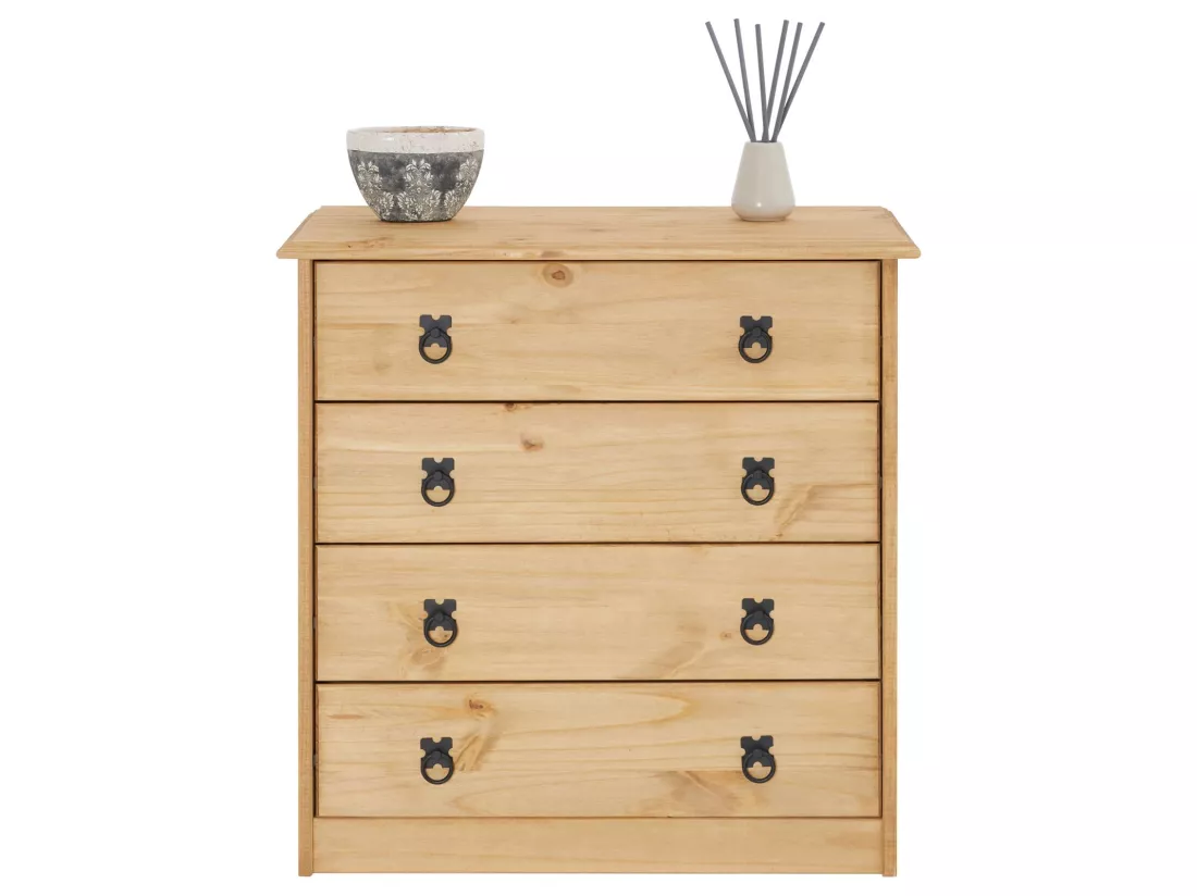 Commode en pin BARRIO 4 grands tiroirs buffet bahut vaisselier en bois style mexicain, finition teintée et cirée