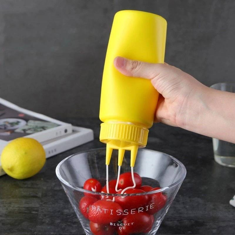(Ø6x19cm) 360ml Dosierflasche Squeeze Quetsch Flasche 3 Düsen Spritzflasche für Ketchup / Senf / Saucen - Transparent