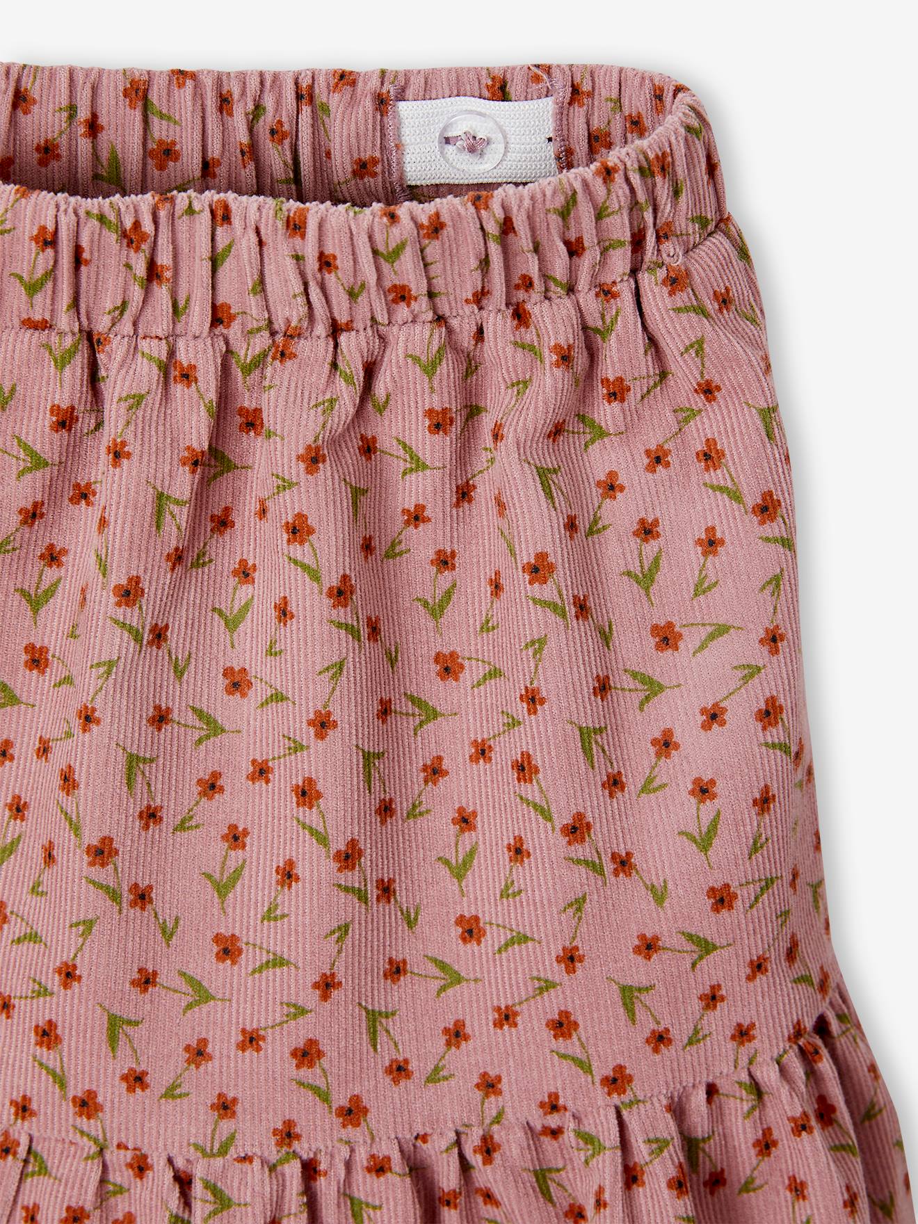 Saia de veludo com babados e estampa floral para meninas, rosa antigo