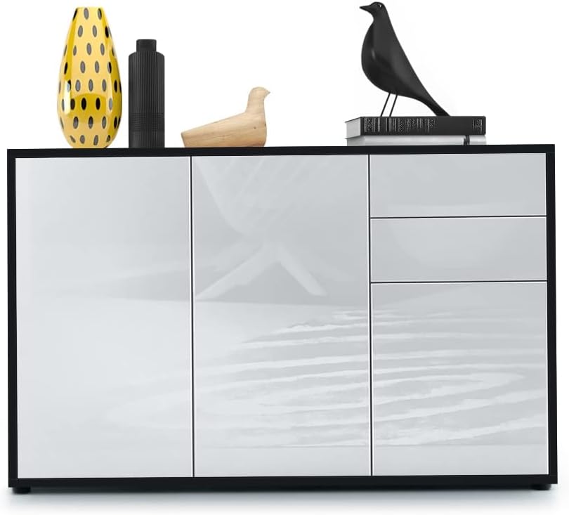 Vladon Sideboard Ben V3, Kommode mit 3 Türen und 2 Schubladen, Schwarz matt/Weiß Hochglanz (117 x 74 x 36 cm)