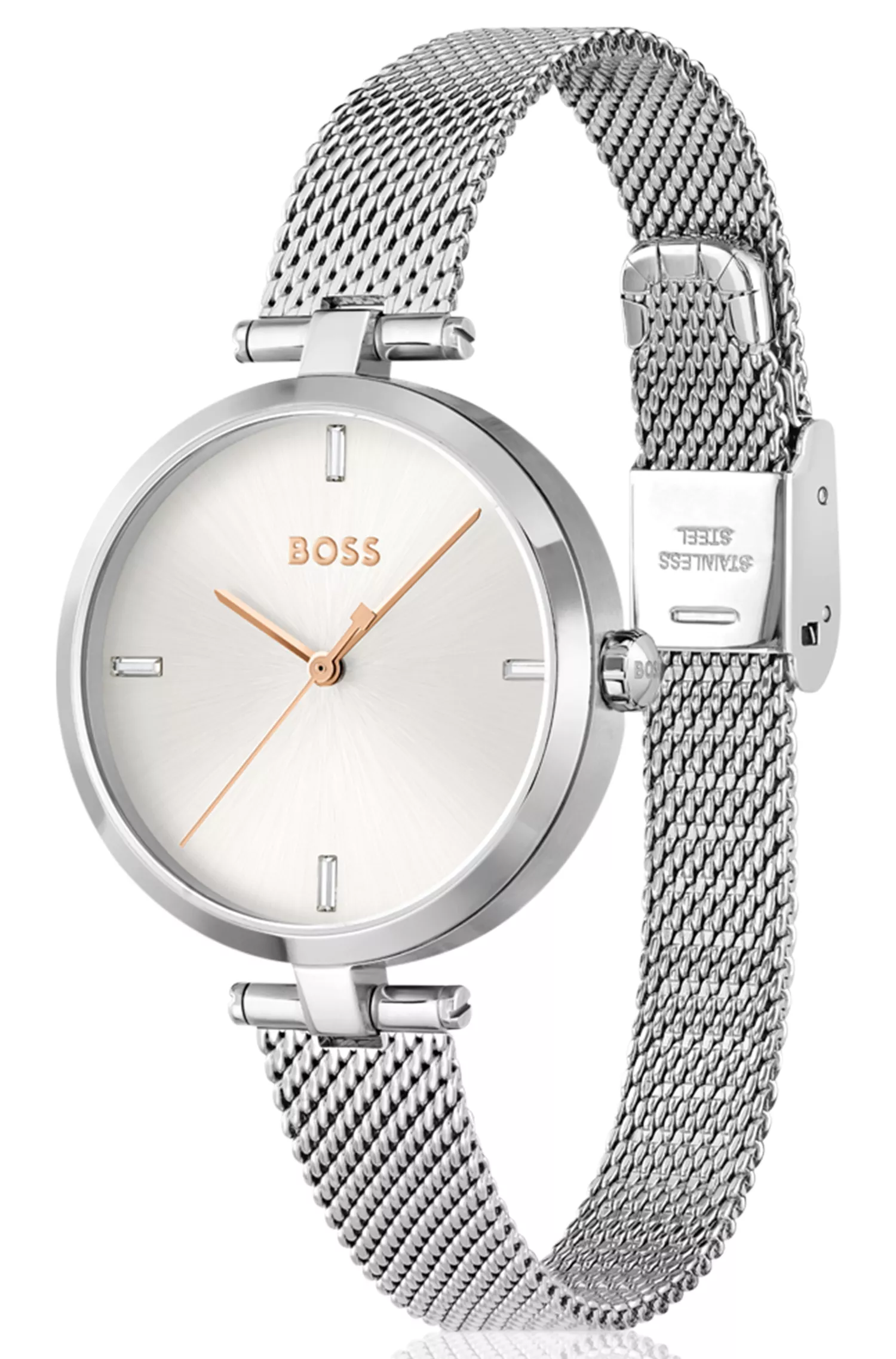 Relógio BOSS com pulseira de malha preta e índices de cristal.