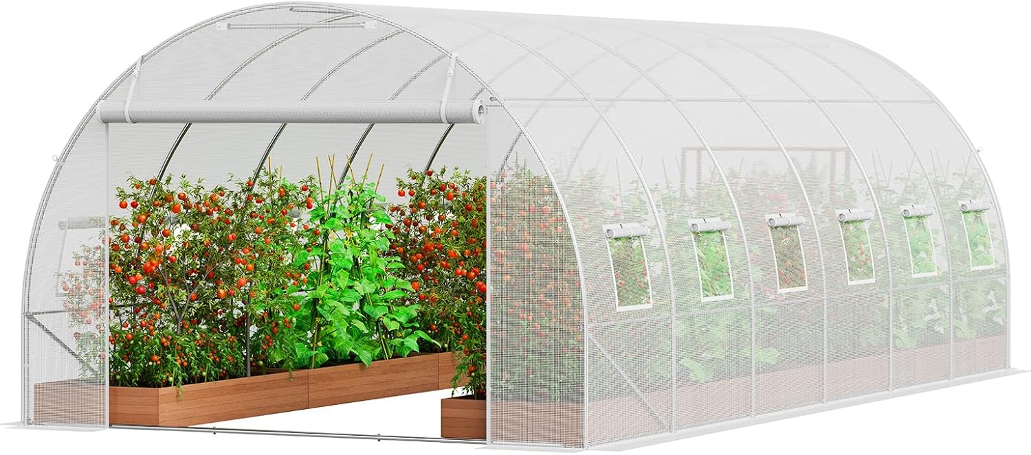 VEVOR Folien-Gewächshaus, 590 x 295 x 198 cm, Tomatengewächshaus, Treibhaus mit verzinktem Stahlrahmen, grüner PE-Abdeckung, aufrollbarer Reißverschlusstür und 12 Fenstern für den Außenbereich, Weiß