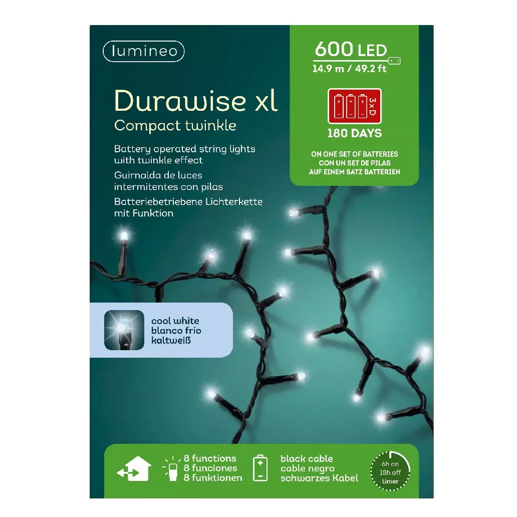 Guirlande lumineuse à piles 14,98 m 600 LED câble noir Durawise Blanc froid