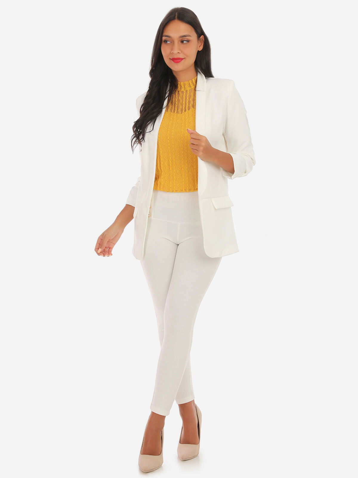 Veste blazer à manches retroussées- Blanc