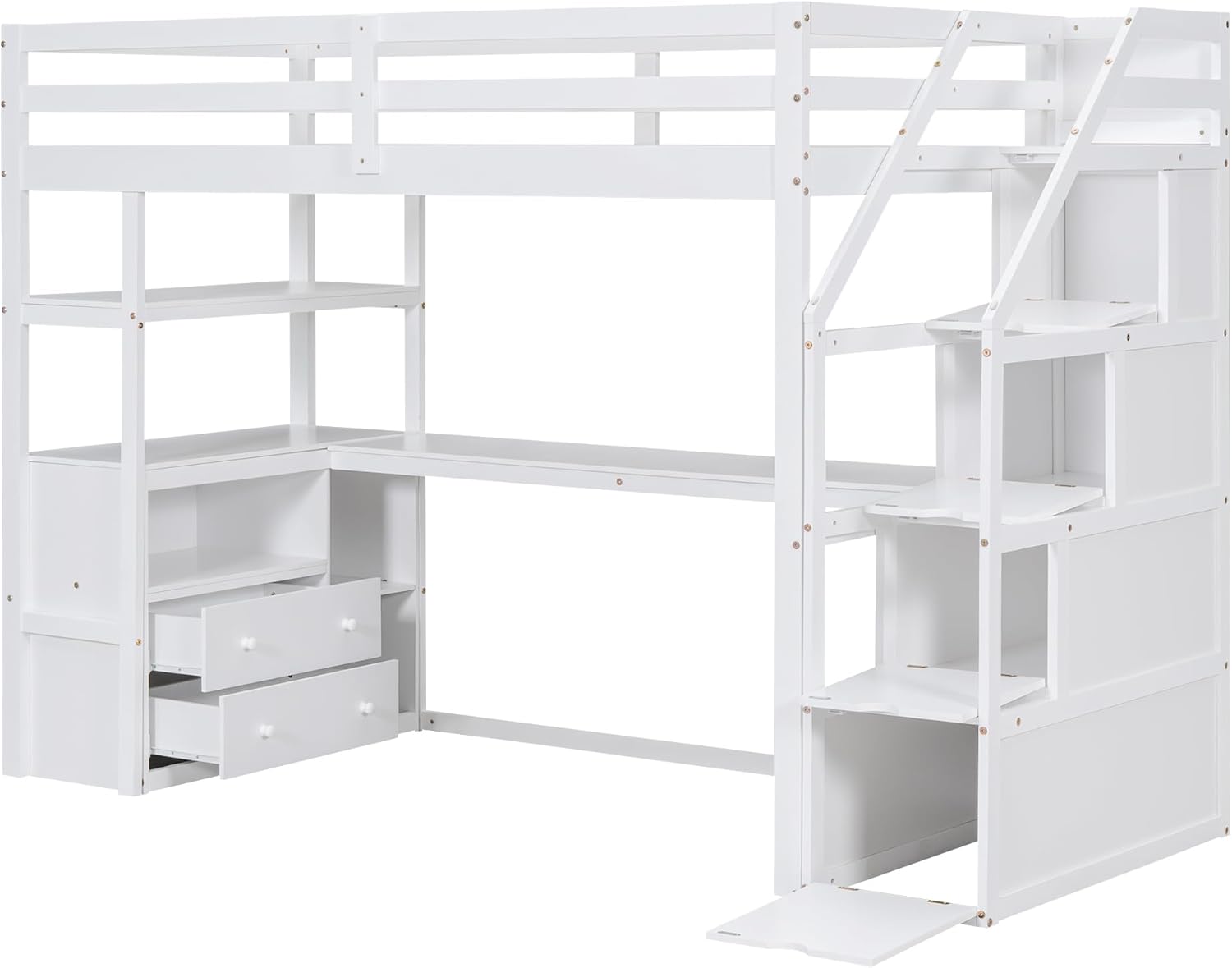 Hochbett mit Schreibtisch und Treppe, Etagenbett Kinderbett mit Stauraumschubladen und Regale, 90x200cm Stockbett Funktionsbett Kinderhochbett Jugendhochbett, inklusive Lattenrost, ohne Matratze,Weiß
