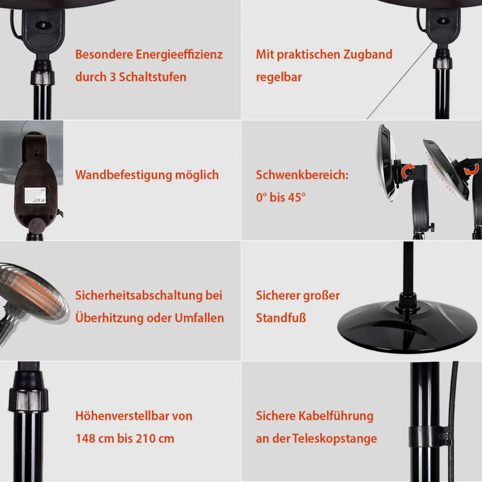 H+H BS 55 Stand-Heizstrahler mit drei Heizstäben, 2000 W