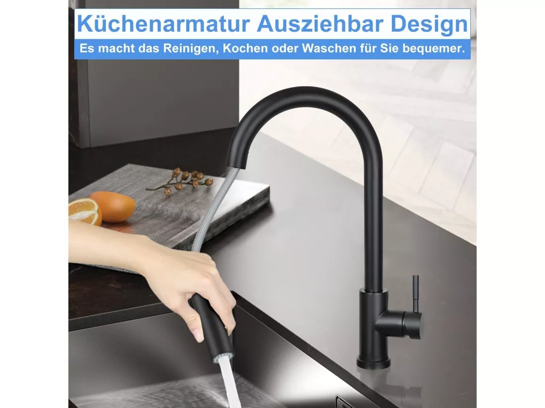 NETTLIFE Robinet de cuisine avec pomme de douche extensible, à haute pression, en acier inoxydable à jet double et pivotant à 360 °, Noir