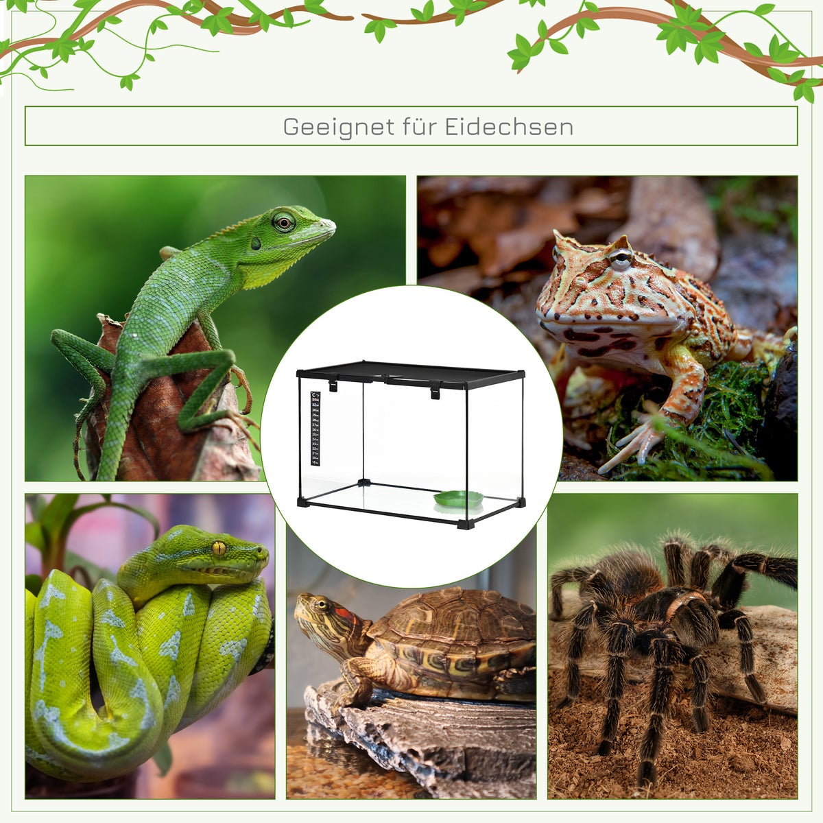 PawHut Reptielenbox, 50L x 30B x 35H cm, glas, metaal, zwart