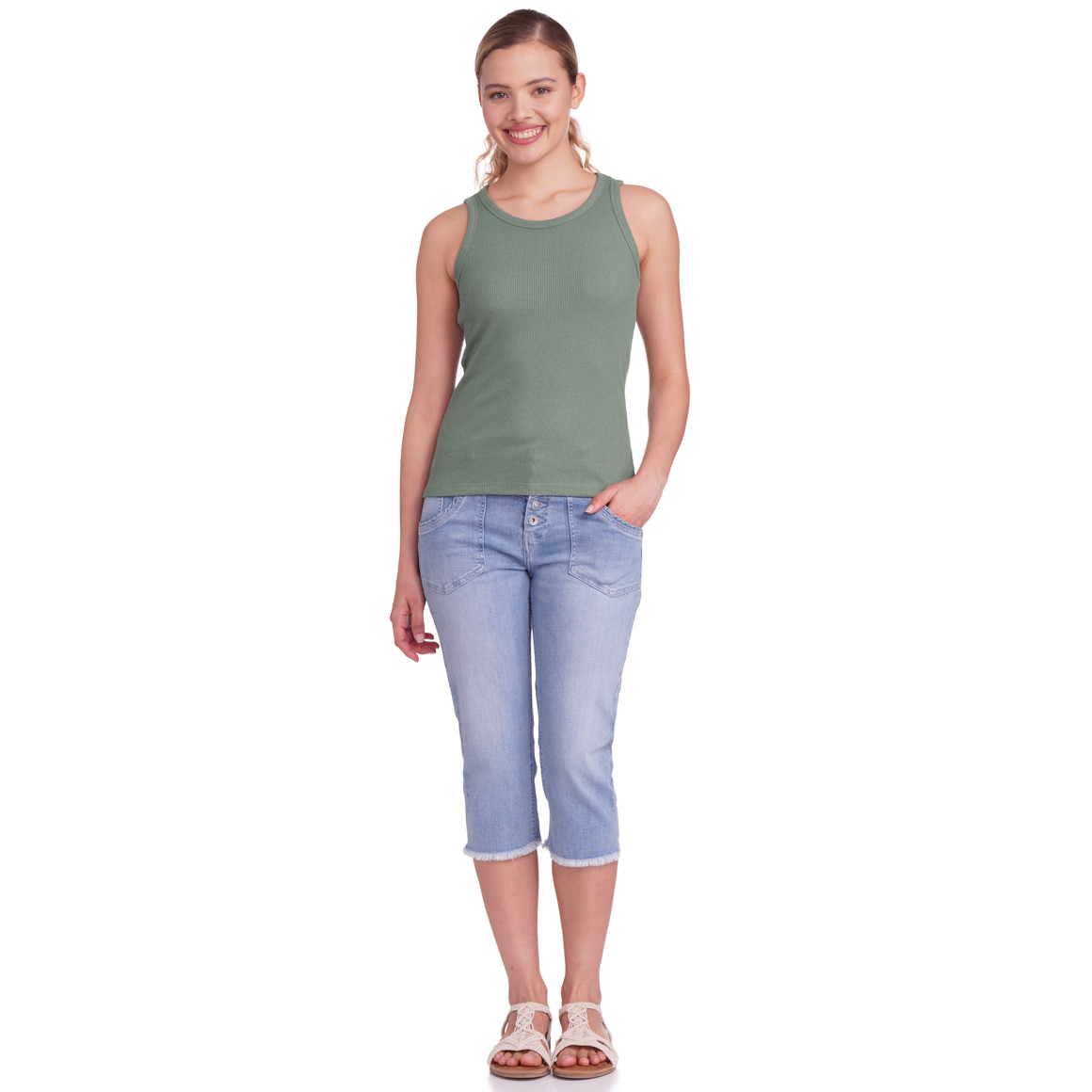 Gina Damen Top mit Ripp-Struktur oliv