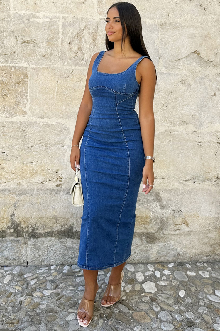 Robe longue en jeans bleu à bretelles large