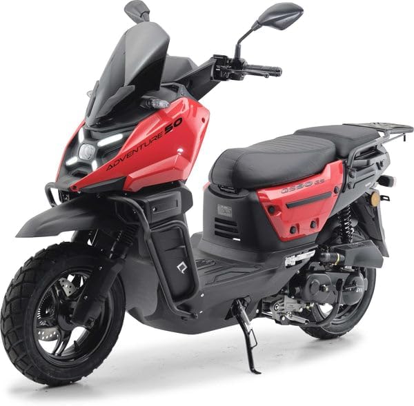 Burnout | QS50 GS Motorroller 50 ccm, motorisiert, Adventure-Design, EFI Euro 5, LED-Licht, USB, 12-Zoll, Scheibenbremsen, 6.8 L Tank, CoC, PKW-Alternative – Rot – 45 km/h