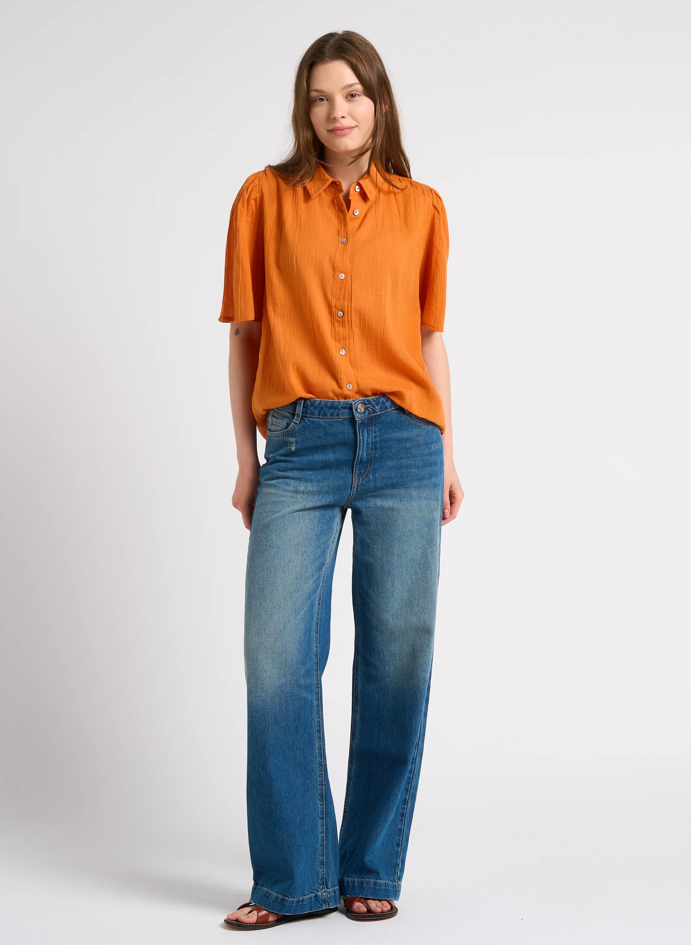 SANDY - Jean taille basse délavée en coton | Bleu