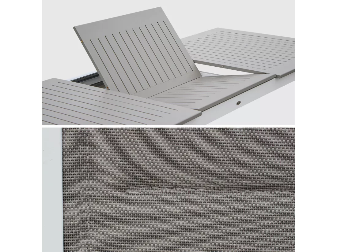 Table de jardin extensible aluminium + 8 assises - Chicago Blanc / Taupe - Table extensible 175/245cm avec rallonge et 8 assises en textilène