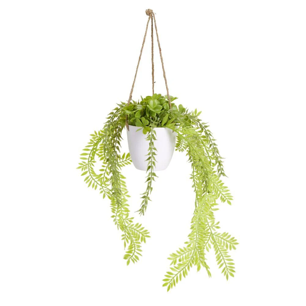 Plante verte artificielle à suspendre pot blanc Ø11xH34cm - 2 modèles