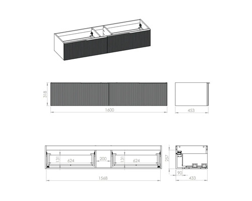 Jungborn onderkast NONUS BxHxD 1600 x 318 mm x 453 mm Frontkleur zwart mat