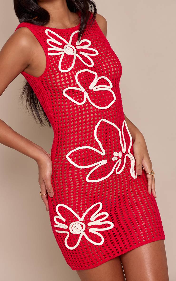 Rouge Robe Mini Moulante En Crochet Avec Détail Floral Contrasté En Cordelette