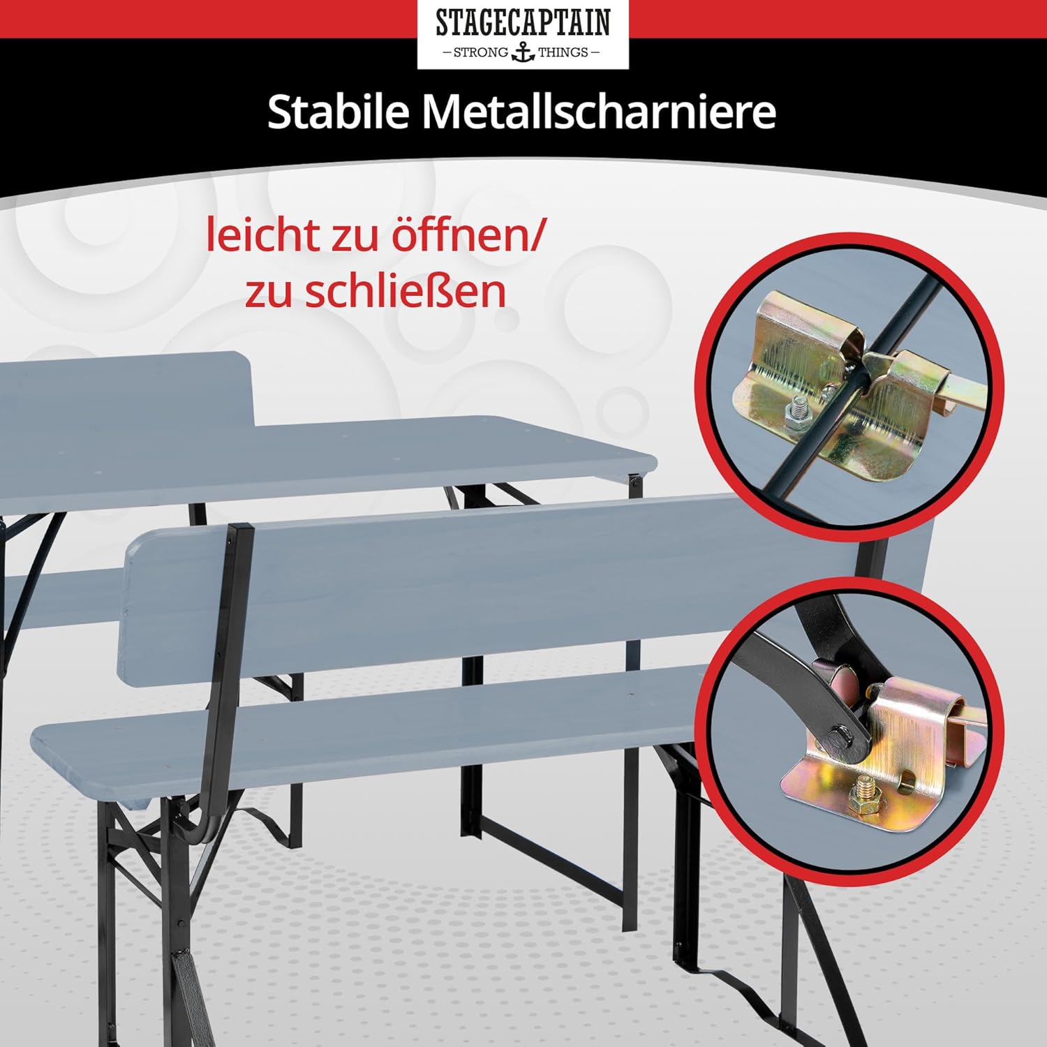 Stagecaptain BBDL-119 GY Hirschgarten Bierzeltgarnitur mit Lehne für Balkon - 119 cm Länge - Klappbare Festzeltgarnitur 1x Tisch, 2X Bank - Holz Sitzgarnitur - Innen & Außenbereich - Grau