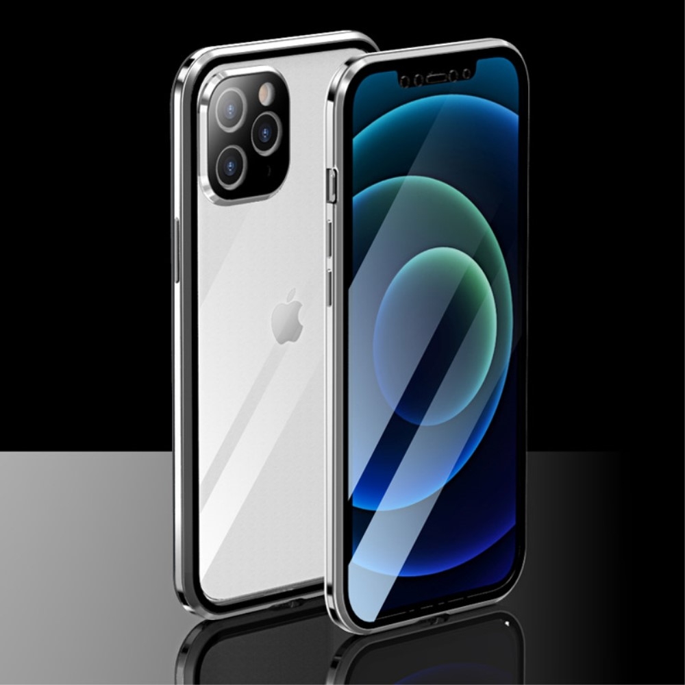 iPhone 12 Pro Magnetische Alu Schutzhülle mit Panzer Glas Backcover   Display- / Kameraglasschutz (Magnet-Technologie) - Silber