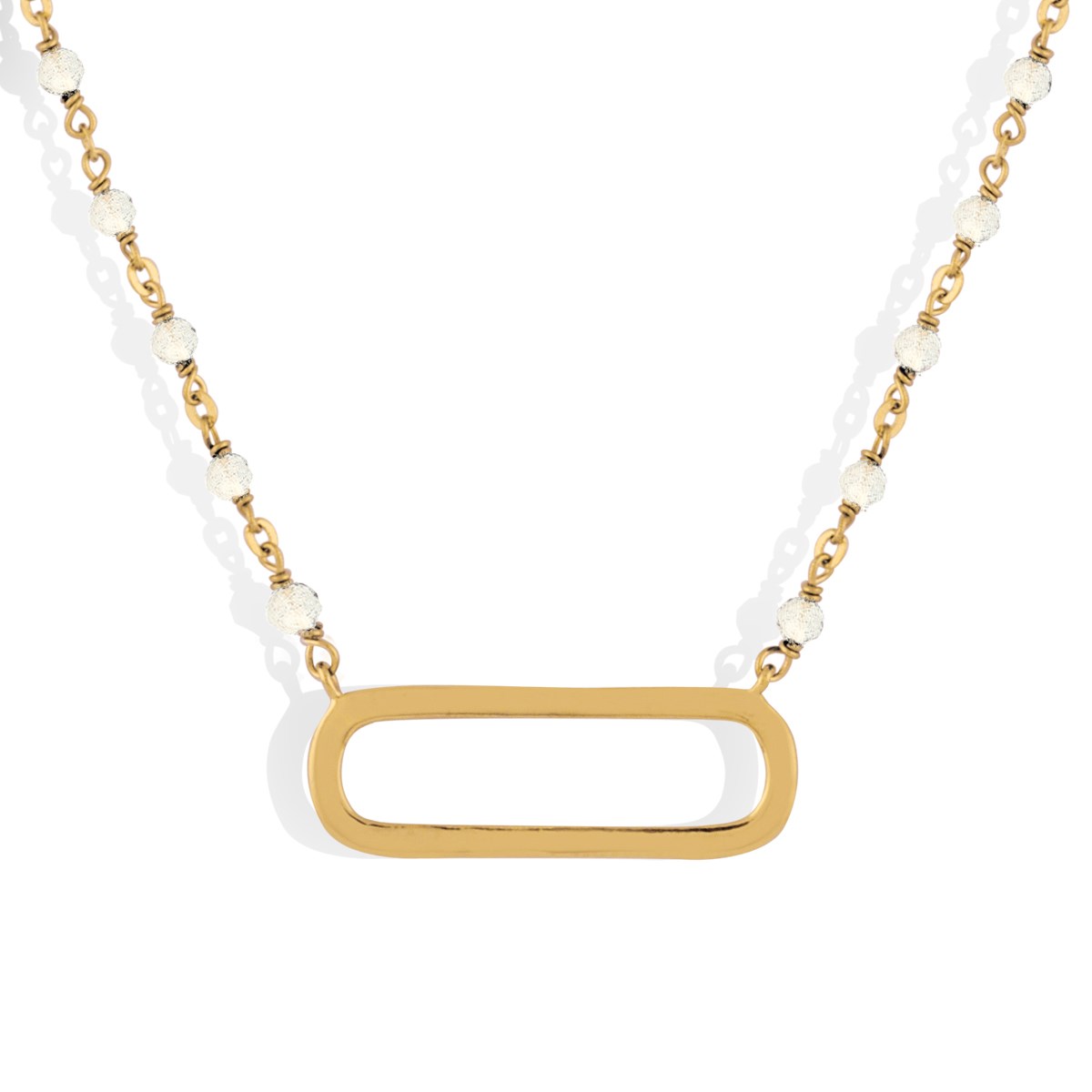 Collier Argent Doré Lingot Et Pierres Naturelles Blanches
