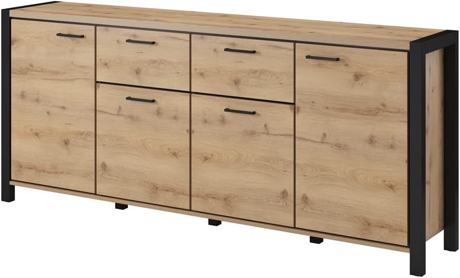 Lomadox Großes Wohnzimmer Sideboard in Taurus Eiche Nb. mit schwarzem Gestell, B/H/T: ca. 213/91/41 cm